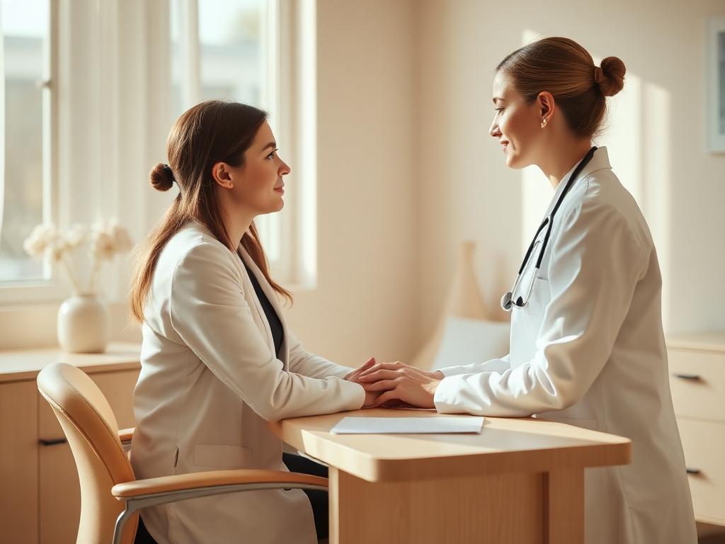 Consulta ginecológica em consultório claro e acolhedor